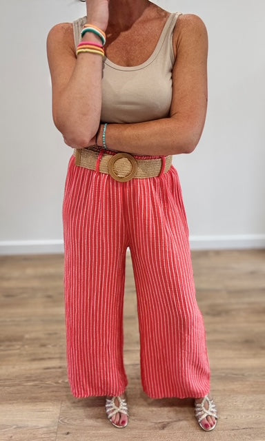 Pantalon large corail à rayures blanches en gaze de coton Pantalons et Jeans Miss Guapa