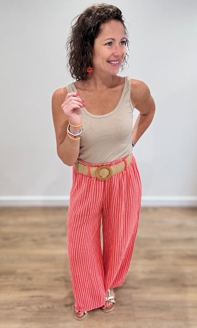 Pantalon large corail à rayures blanches en gaze de coton Pantalons et Jeans Miss Guapa