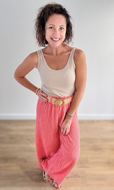 Pantalon large corail à rayures blanches en gaze de coton Pantalons et Jeans Miss Guapa