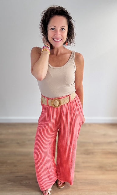 Pantalon large corail à rayures blanches en gaze de coton Pantalons et Jeans Miss Guapa