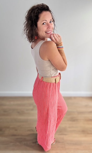 Pantalon large corail à rayures blanches en gaze de coton Pantalons et Jeans Miss Guapa