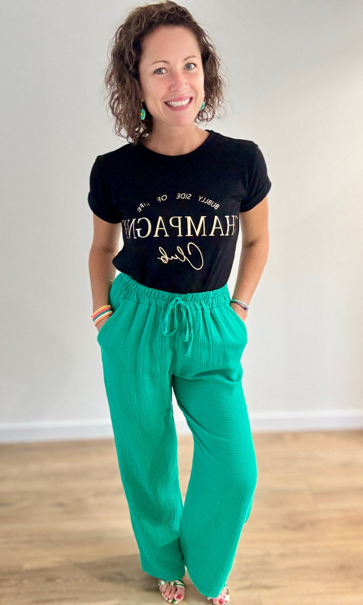 Pantalon fluide vert en gaze de coton Pantalons et Jeans Miss Guapa