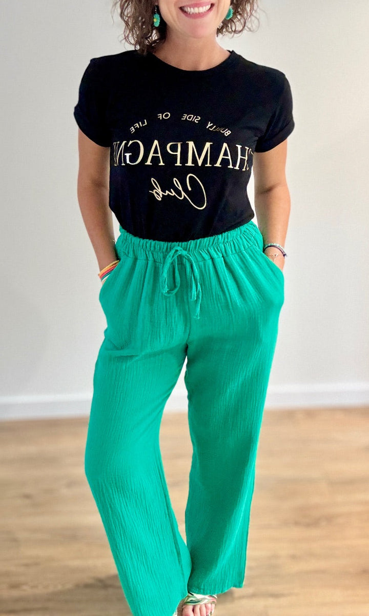 Pantalon fluide vert en gaze de coton Pantalons et Jeans Miss Guapa