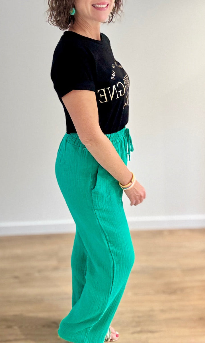 Pantalon fluide vert en gaze de coton Pantalons et Jeans Miss Guapa