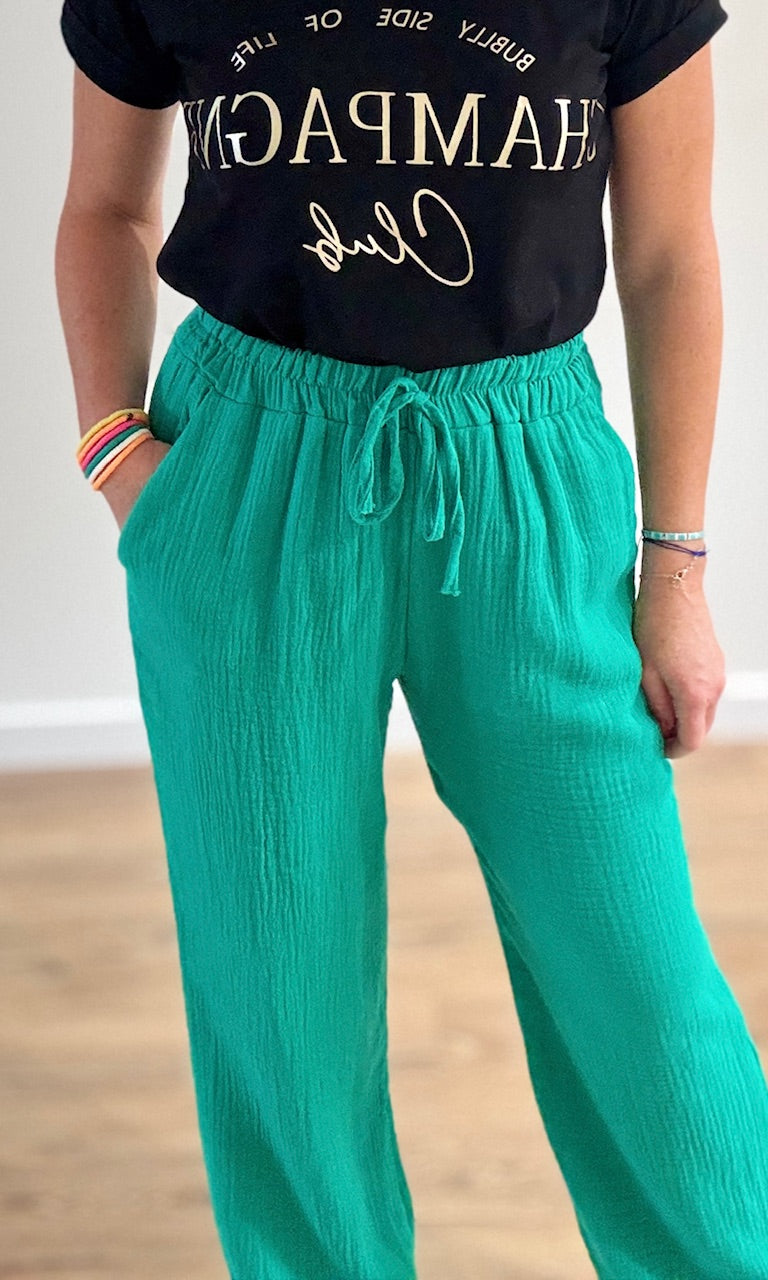Pantalon fluide vert en gaze de coton Pantalons et Jeans Miss Guapa