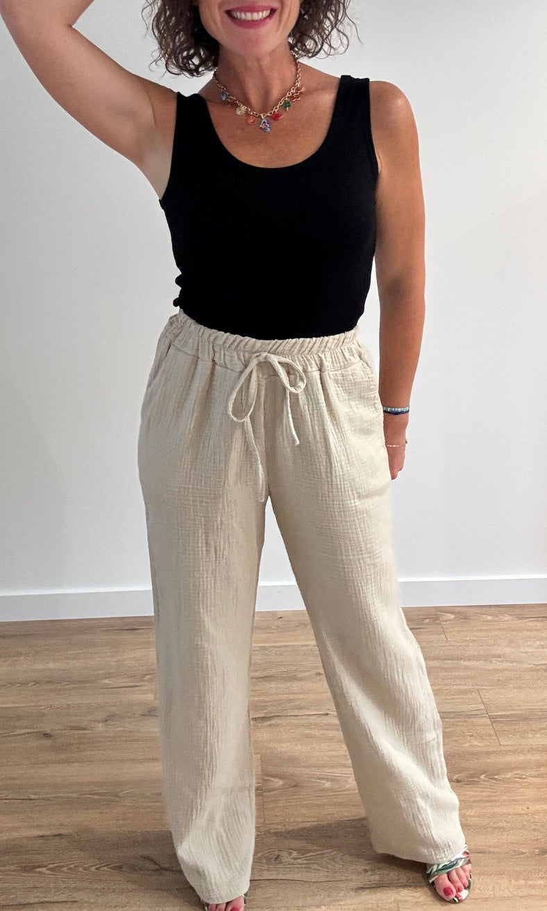 Pantalon fluide beige en gaze de coton Pantalons et Jeans Miss Guapa