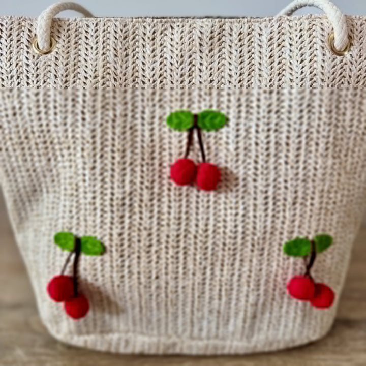 Sac à Main Tissé Beige avec Détails Cerises Sacs Miss Guapa