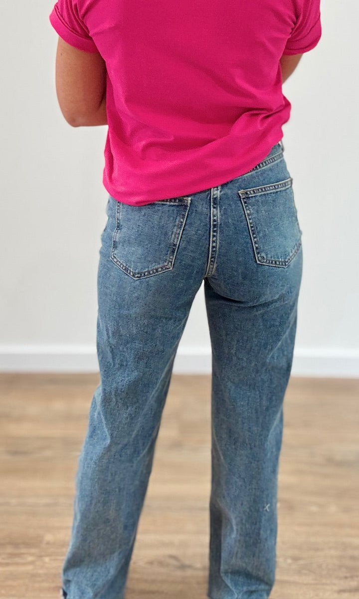 Jean Coupe Droite Denim Effiloché en Bas Pantalons et Jeans Miss Guapa