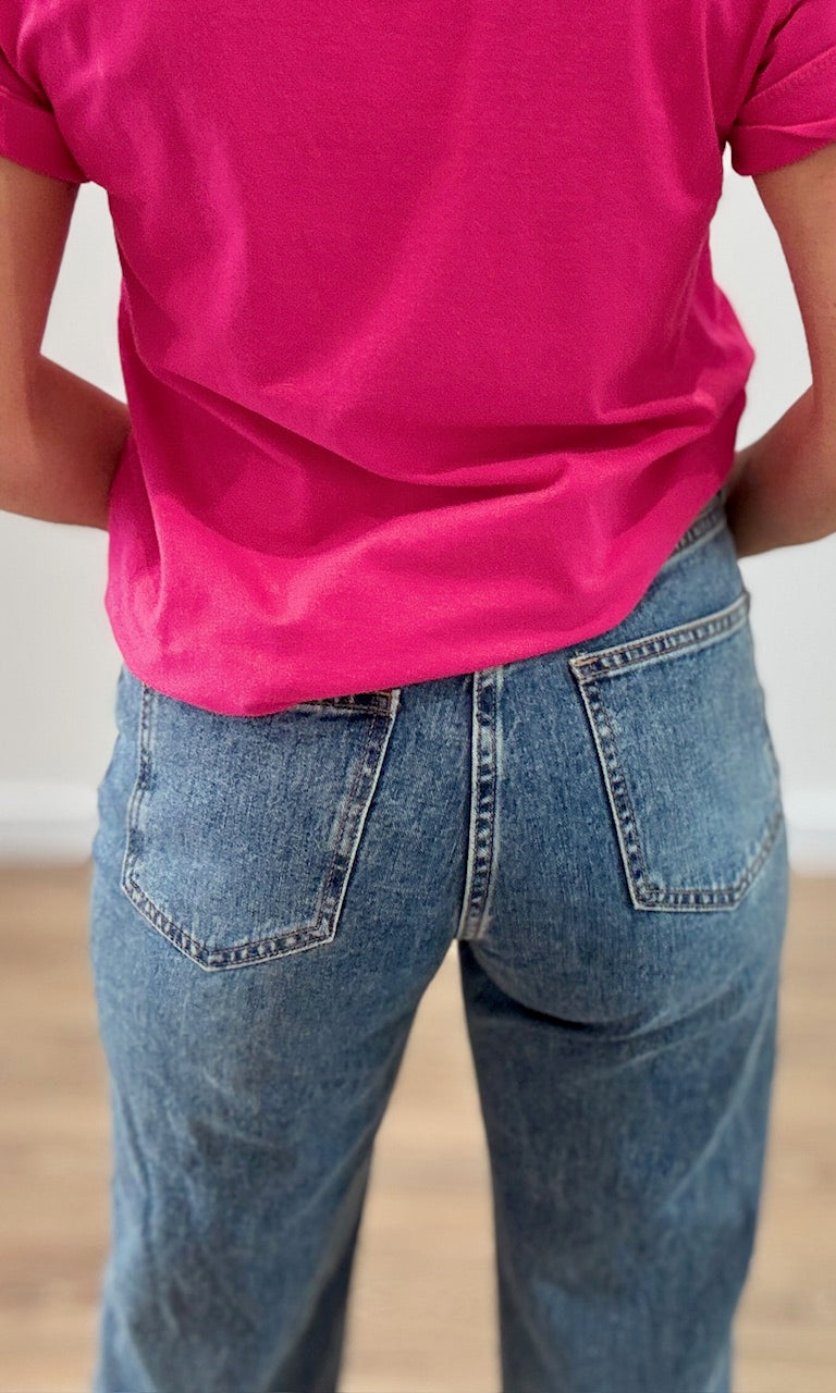 Jean Coupe Droite Denim Effiloché en Bas Pantalons et Jeans Miss Guapa