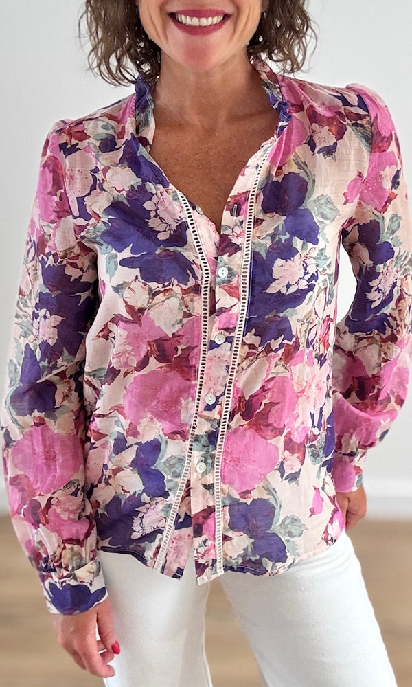 Chemise Fleurie Transparente Violet et Rose