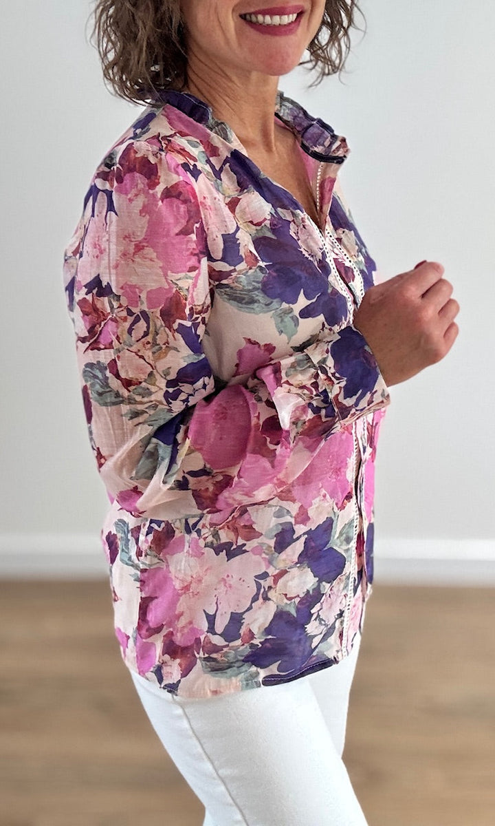 Chemise Fleurie Transparente Violet et Rose Hauts seconde main Miss Guapa