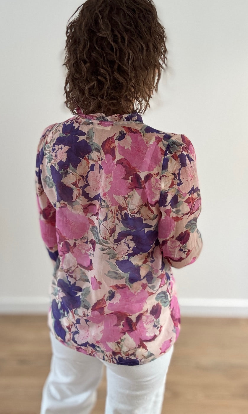 Chemise Fleurie Transparente Violet et Rose Hauts seconde main Miss Guapa