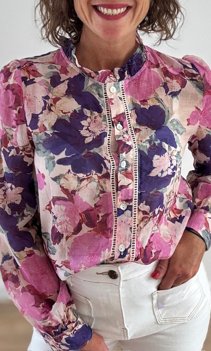 Chemise Fleurie Transparente Violet et Rose Hauts seconde main Miss Guapa