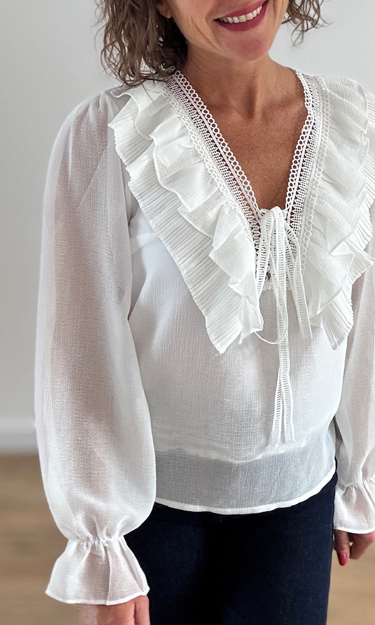 Blouse Blanche Transparente à Volants Hauts seconde main Miss Guapa