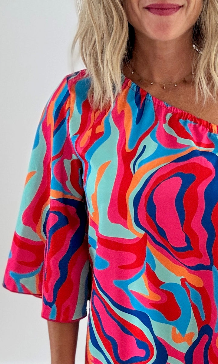 Robe asymétrique fleurie multicolore
