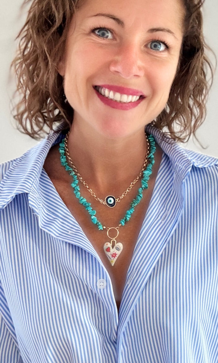 Double collier coeur et oeil protecteur Bleu Bijoux Miss Guapa