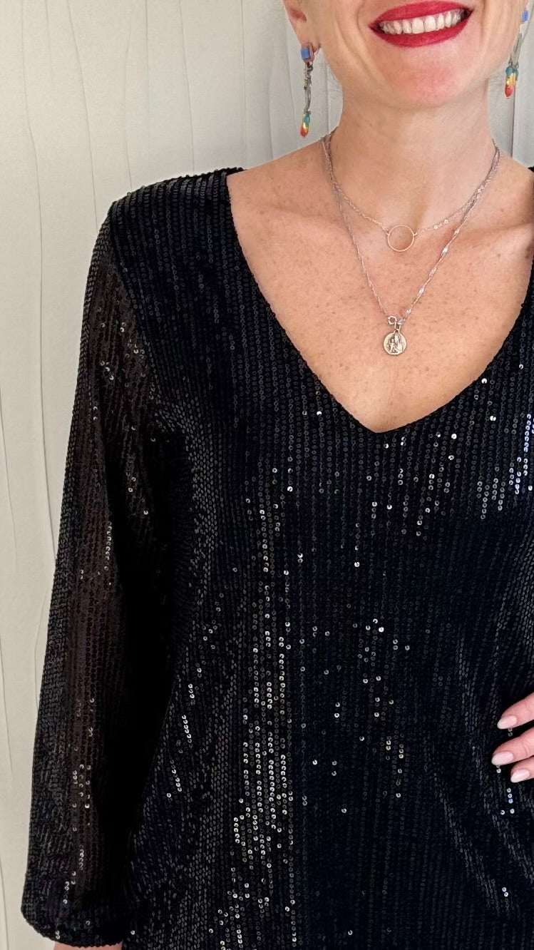 Robe à sequins col V Noire Fêtes Miss Guapa