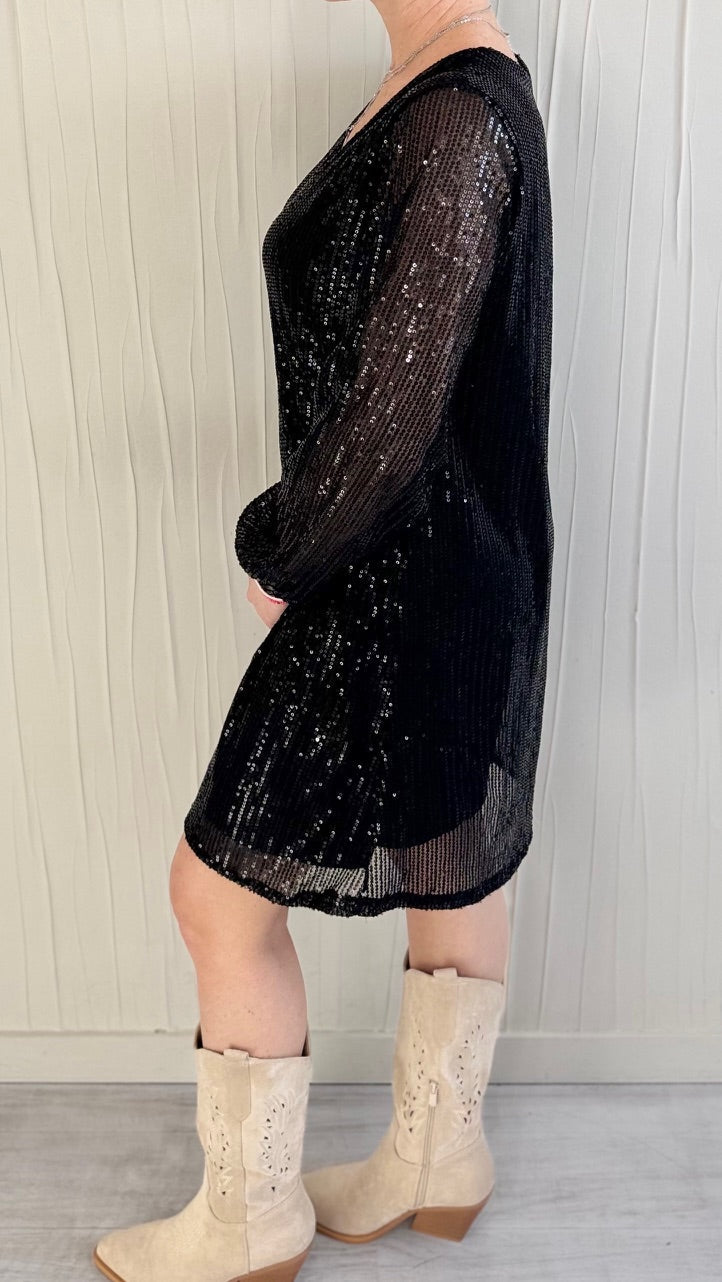 Robe à sequins col V Noire Fêtes Miss Guapa