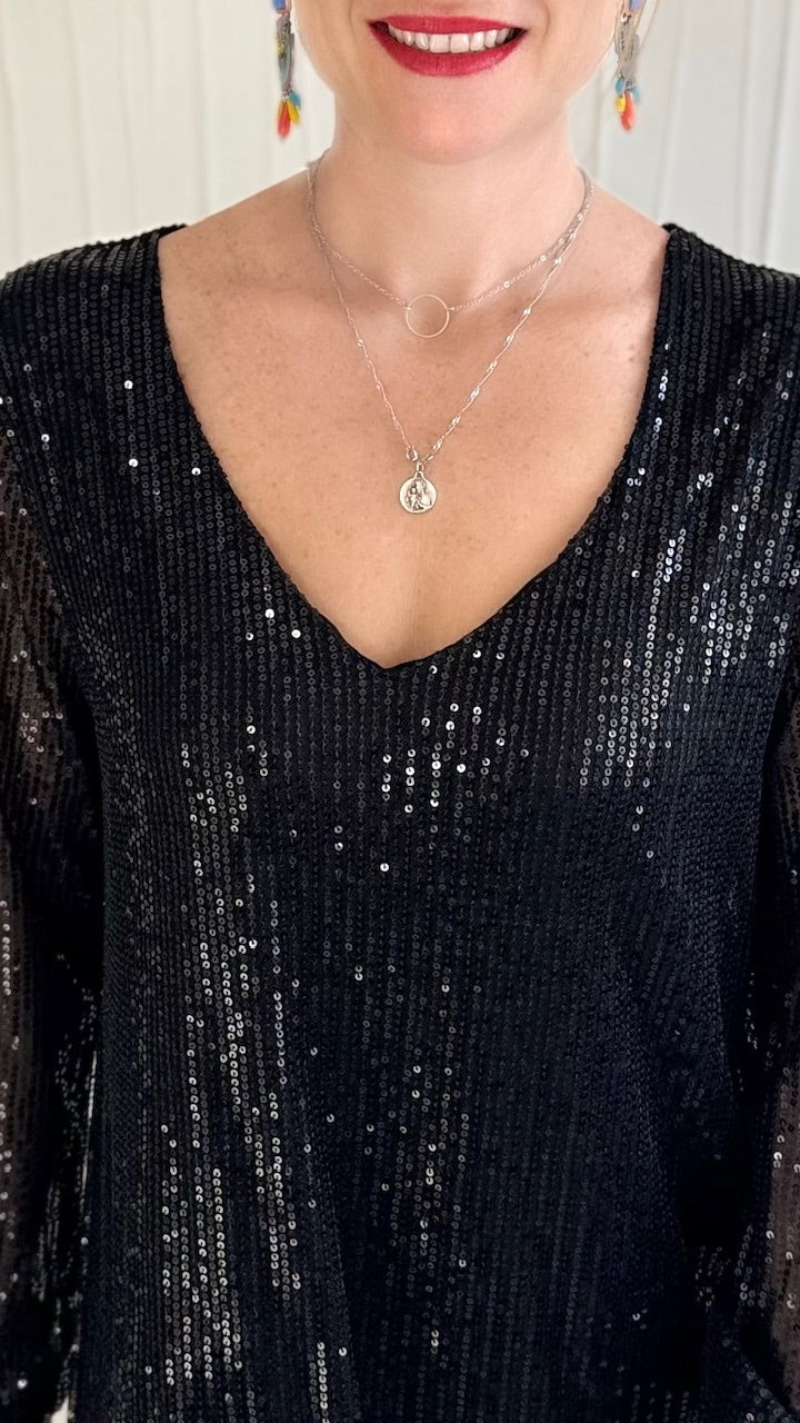 Robe à sequins col V Noire Fêtes Miss Guapa