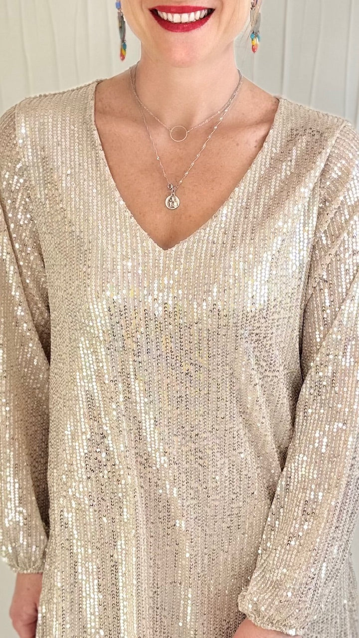 Robe à sequins col V Dorée Fêtes Miss Guapa
