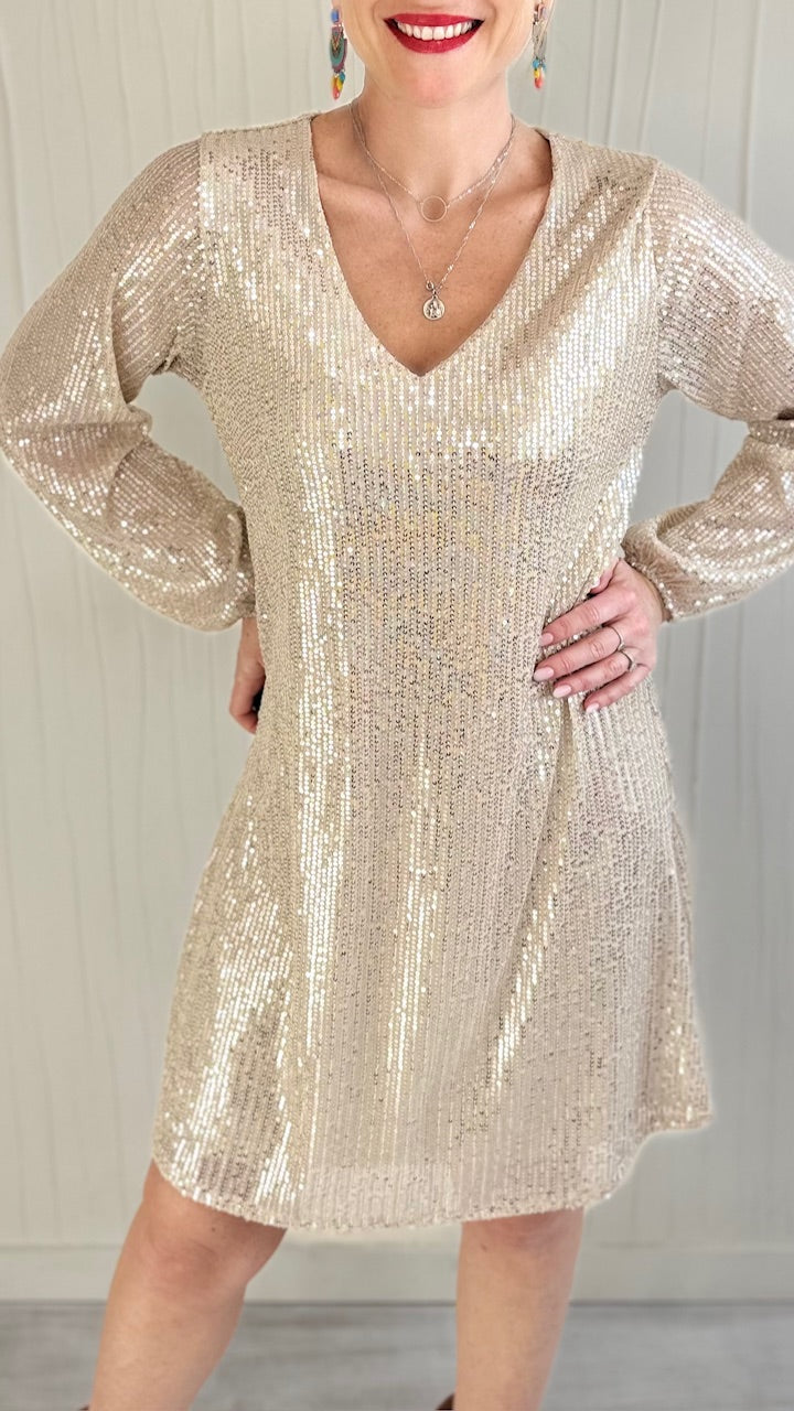 Robe à sequins col V Dorée Fêtes Miss Guapa