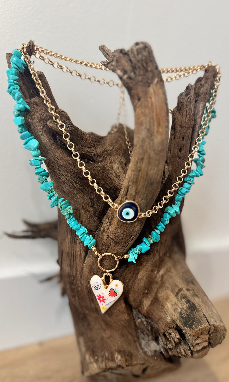 Double collier coeur et oeil protecteur Bleu Bijoux Miss Guapa