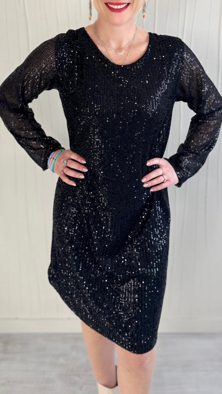 Robe à sequins Noire col rond Fêtes Miss Guapa