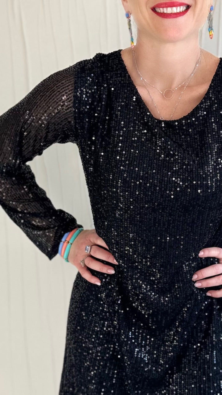 Robe à sequins Noire col rond Fêtes Miss Guapa