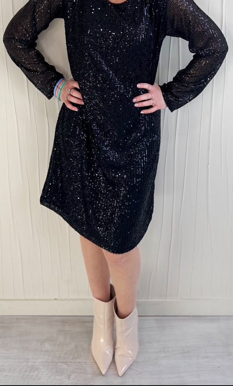 Robe à sequins Noire col rond Fêtes Miss Guapa