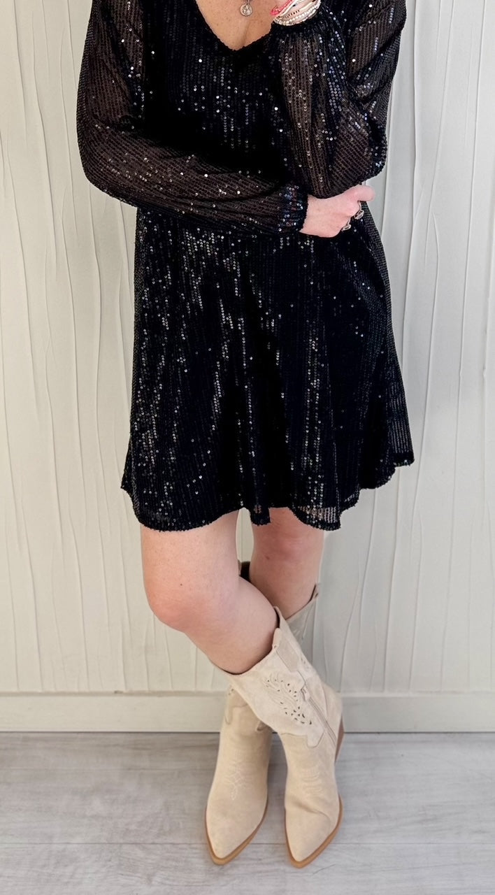 Robe à sequins col V Noire Fêtes Miss Guapa