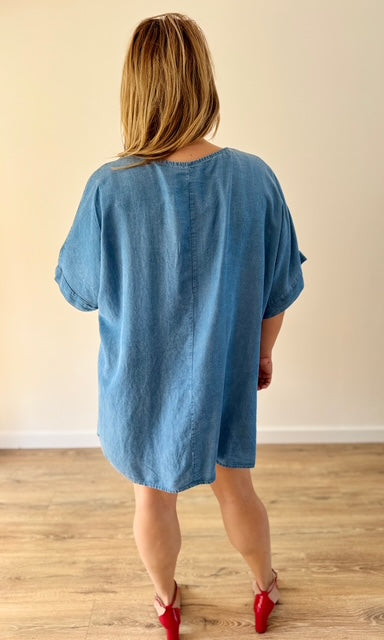 Tunique bleu denim en jean tencel avec collier Le coin des pulpeuses Miss Guapa