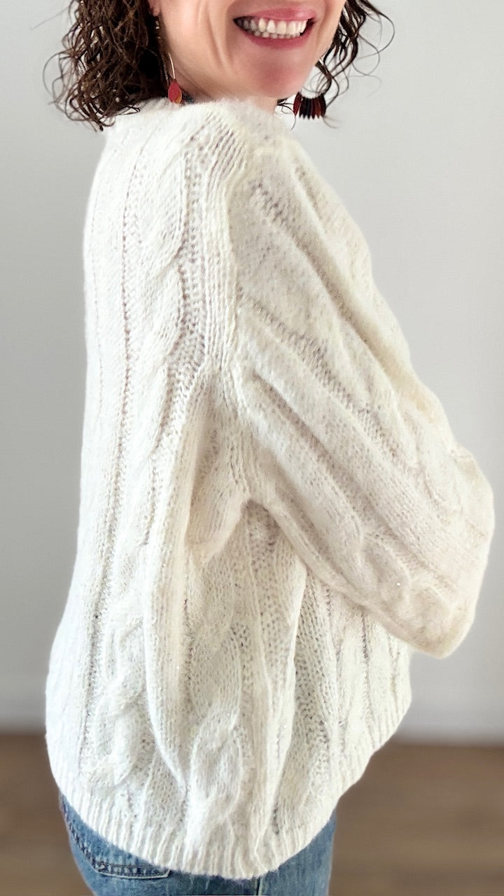 Pull Torsadé Blanc à Sequins