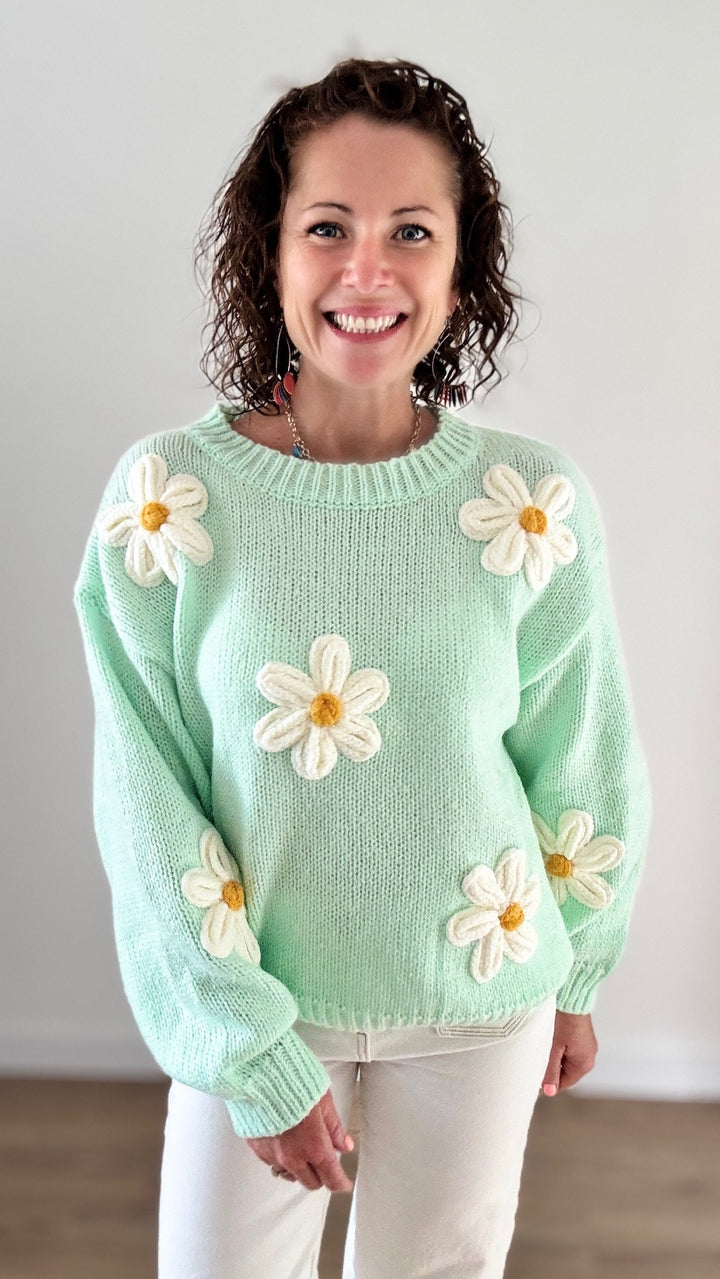 Pull Vert Pastel à Marguerites