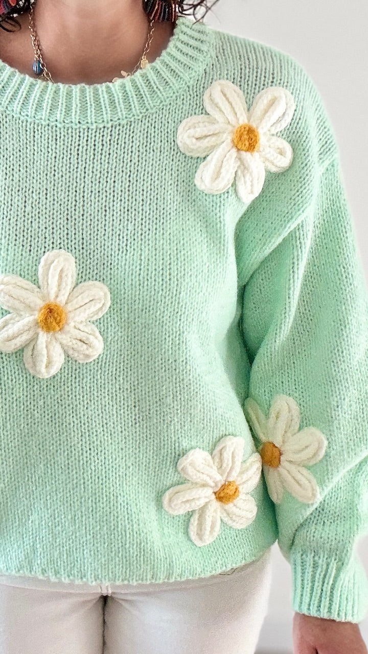 Pull Vert Pastel à Marguerites