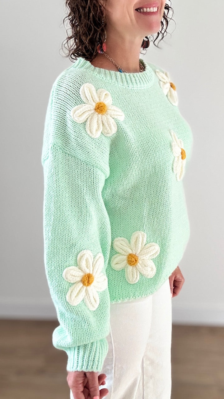 Pull Vert Pastel à Marguerites