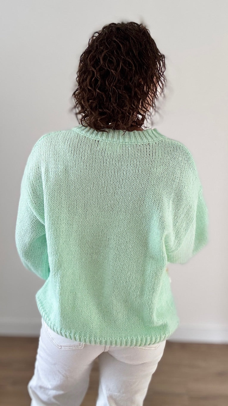 Pull Vert Pastel à Marguerites