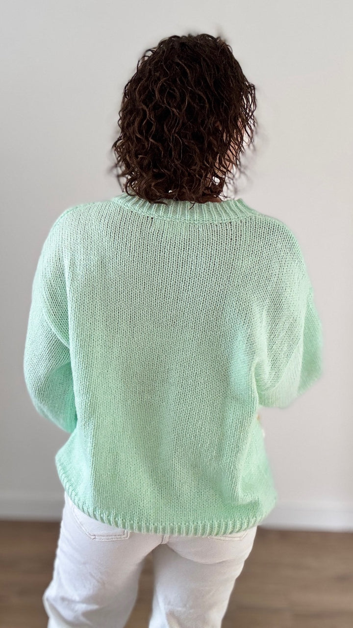 Pull Vert Pastel à Marguerites