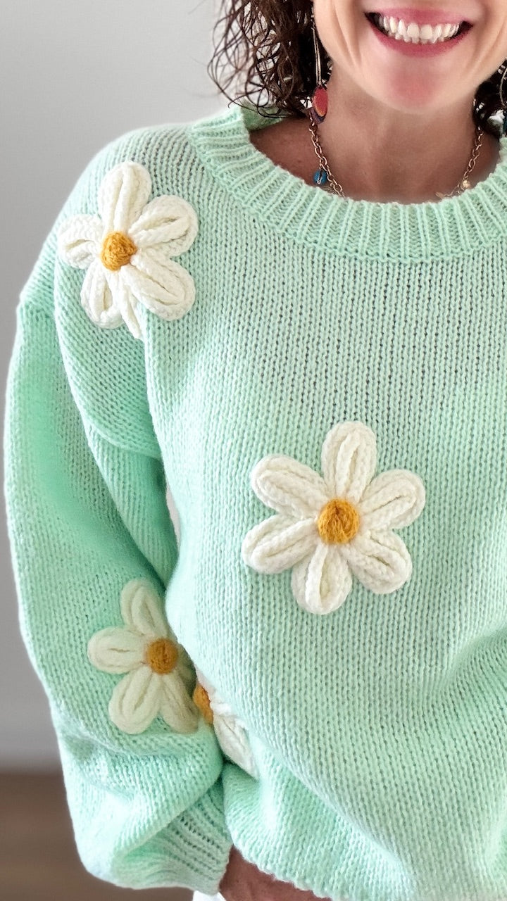 Pull Vert Pastel à Marguerites