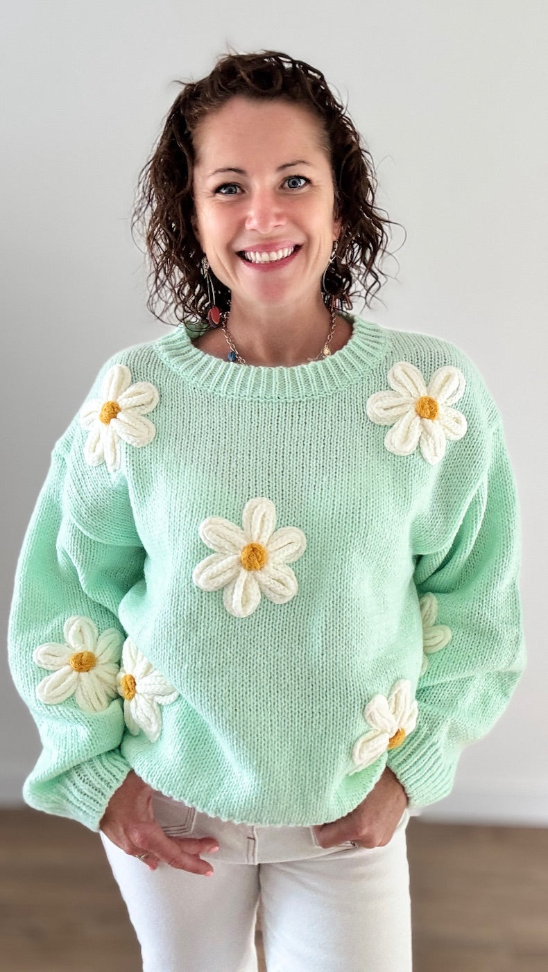 Pull Vert Pastel à Marguerites