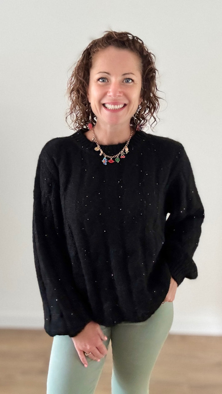 Pull Torsadé Noir à paillettes