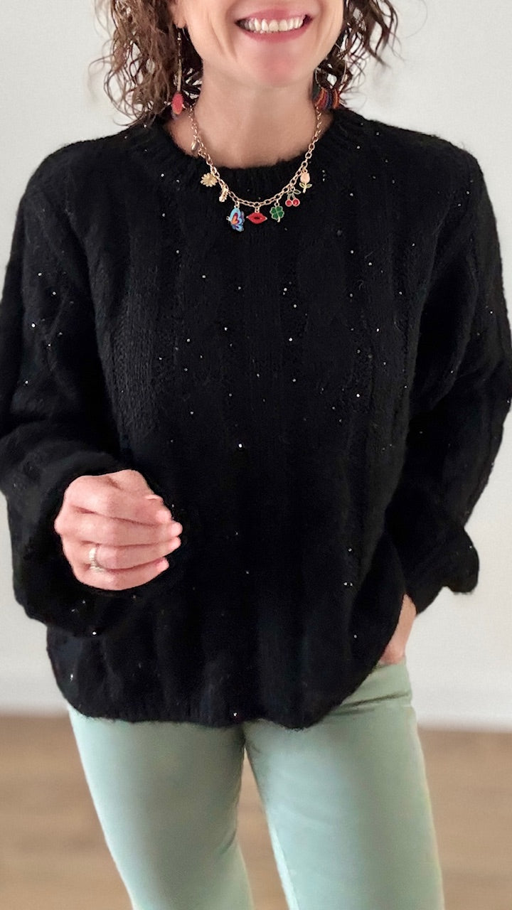 Pull Torsadé Noir à paillettes