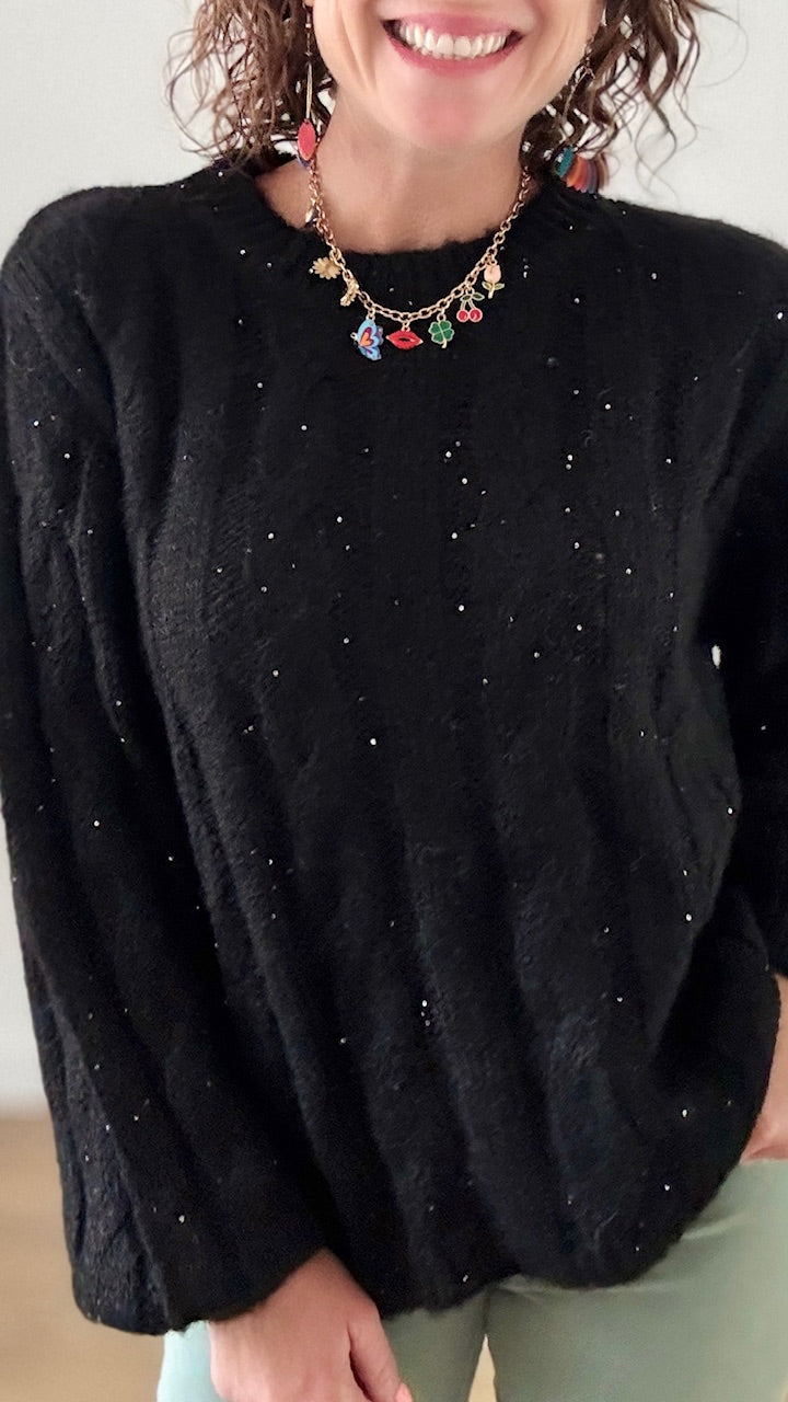Pull Torsadé Noir à paillettes