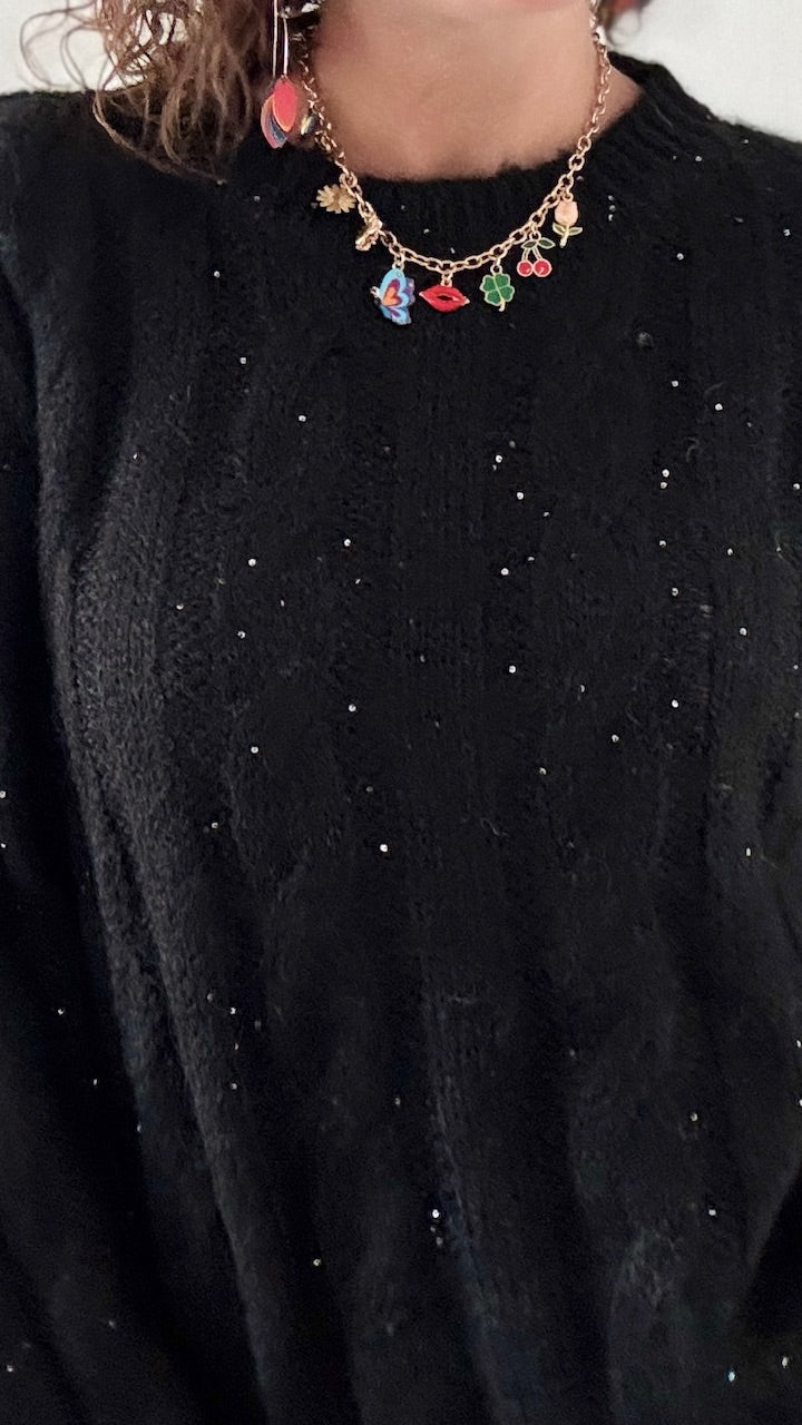 Pull Torsadé Noir à paillettes