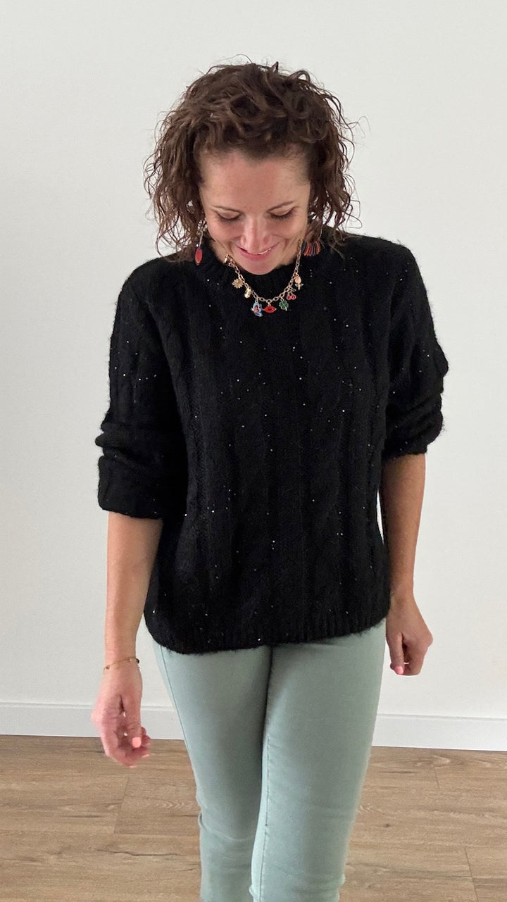 Pull Torsadé Noir à paillettes