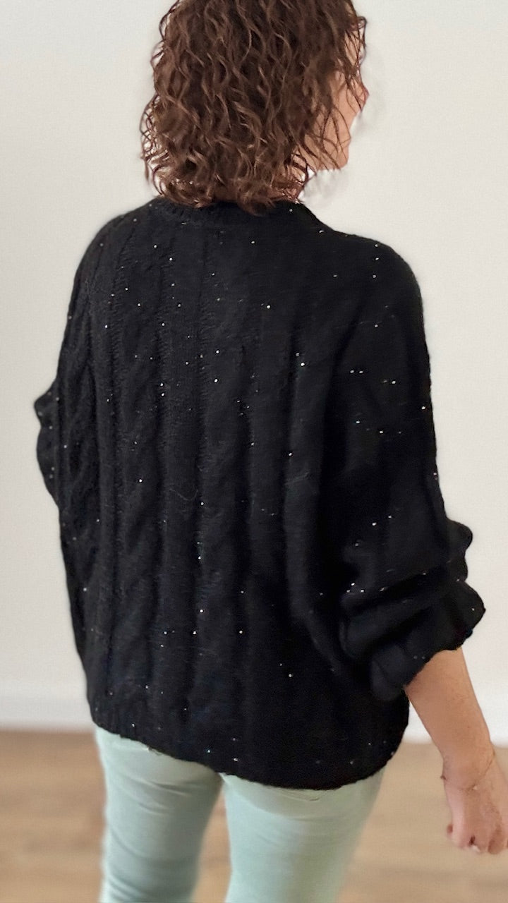 Pull Torsadé Noir à paillettes