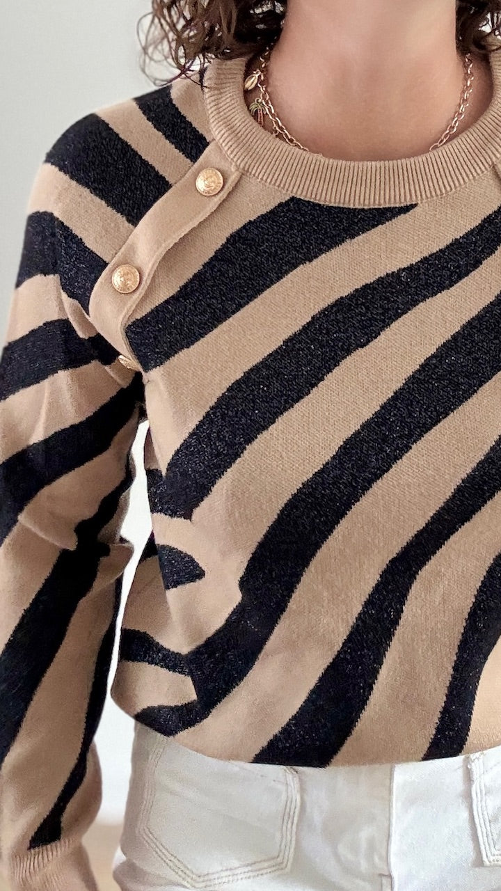 Pull Court Zébré Noir & Doré