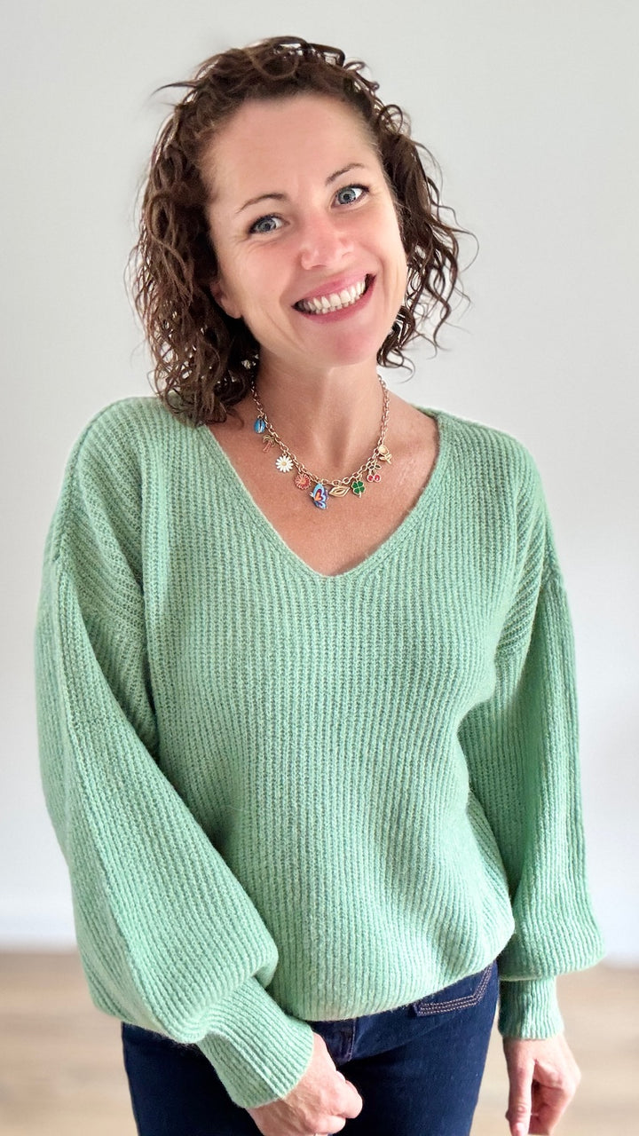 Pull court côtelé vert tendre