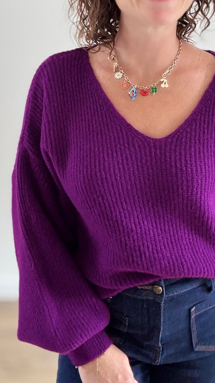 pull court côtelé violet