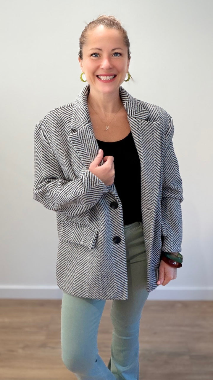 Manteau blazer à motif chevron - Noir et Blanc
