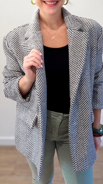 Manteau blazer à motif chevron - Noir et Blanc